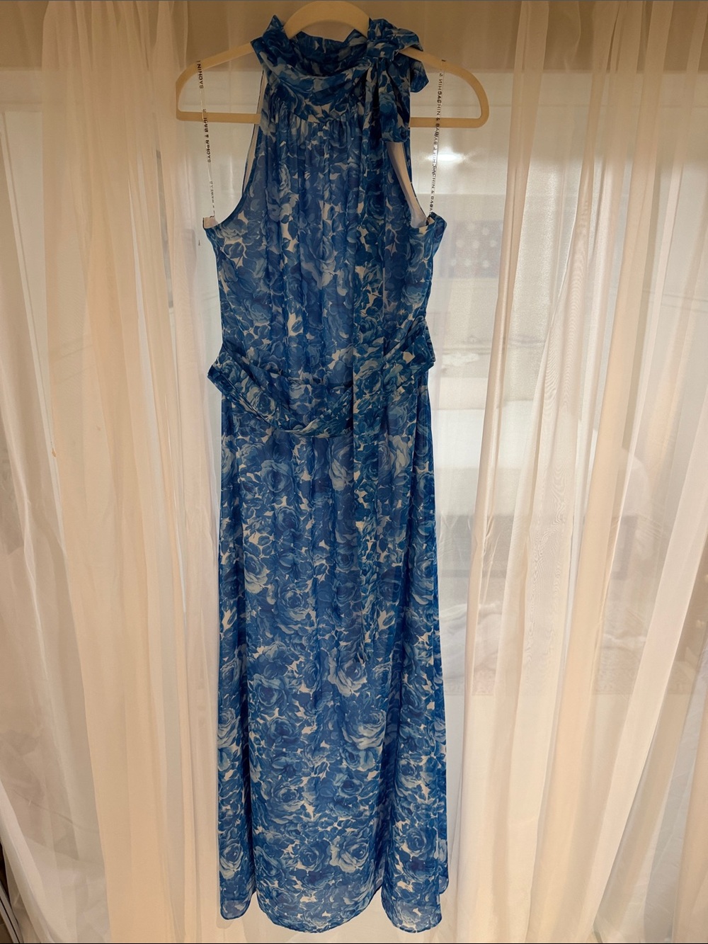 Sachin + Babi Blue Floral Halter Maxi Dress with Neck Tie